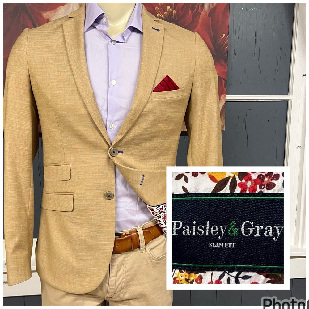 Paisley & Gray Blazer Jacket Mens 36R Slim Fit Polyester Blend Stretch Khaki